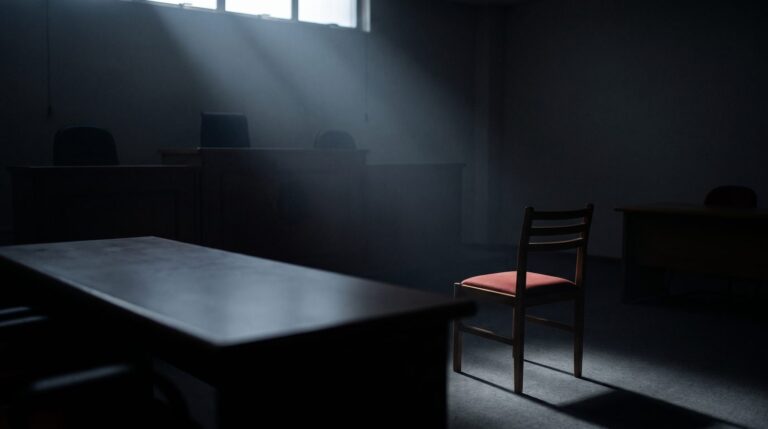 Sala de audiência de custódia com mesa do juiz e cadeira do preso